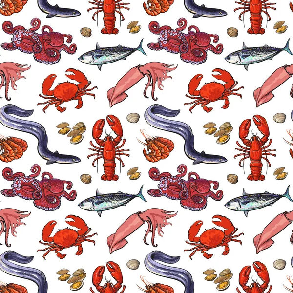 Seafood seamless pattern, sketch style vector illustration — Stock Vector