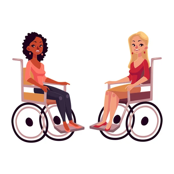 Jeunes femmes noires et caucasiennes en fauteuil roulant, concept d'égalité des chances — Image vectorielle