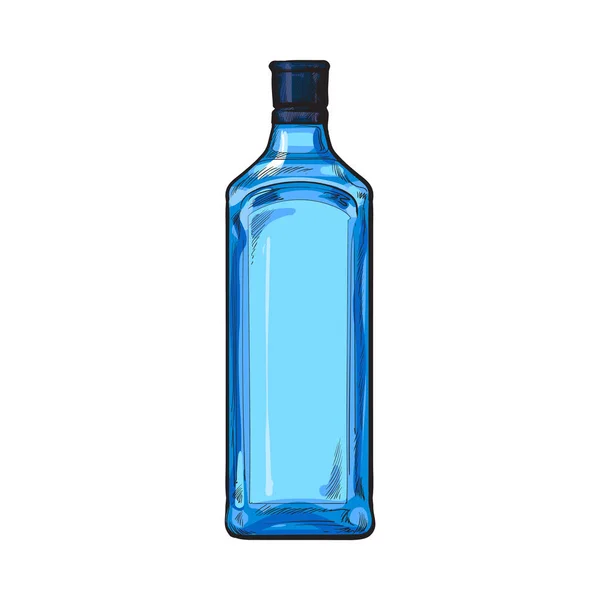 Geleneksel etiketsiz, açılmamış mavi cin cam şişe, sketch vektör çizim — Stok Vektör