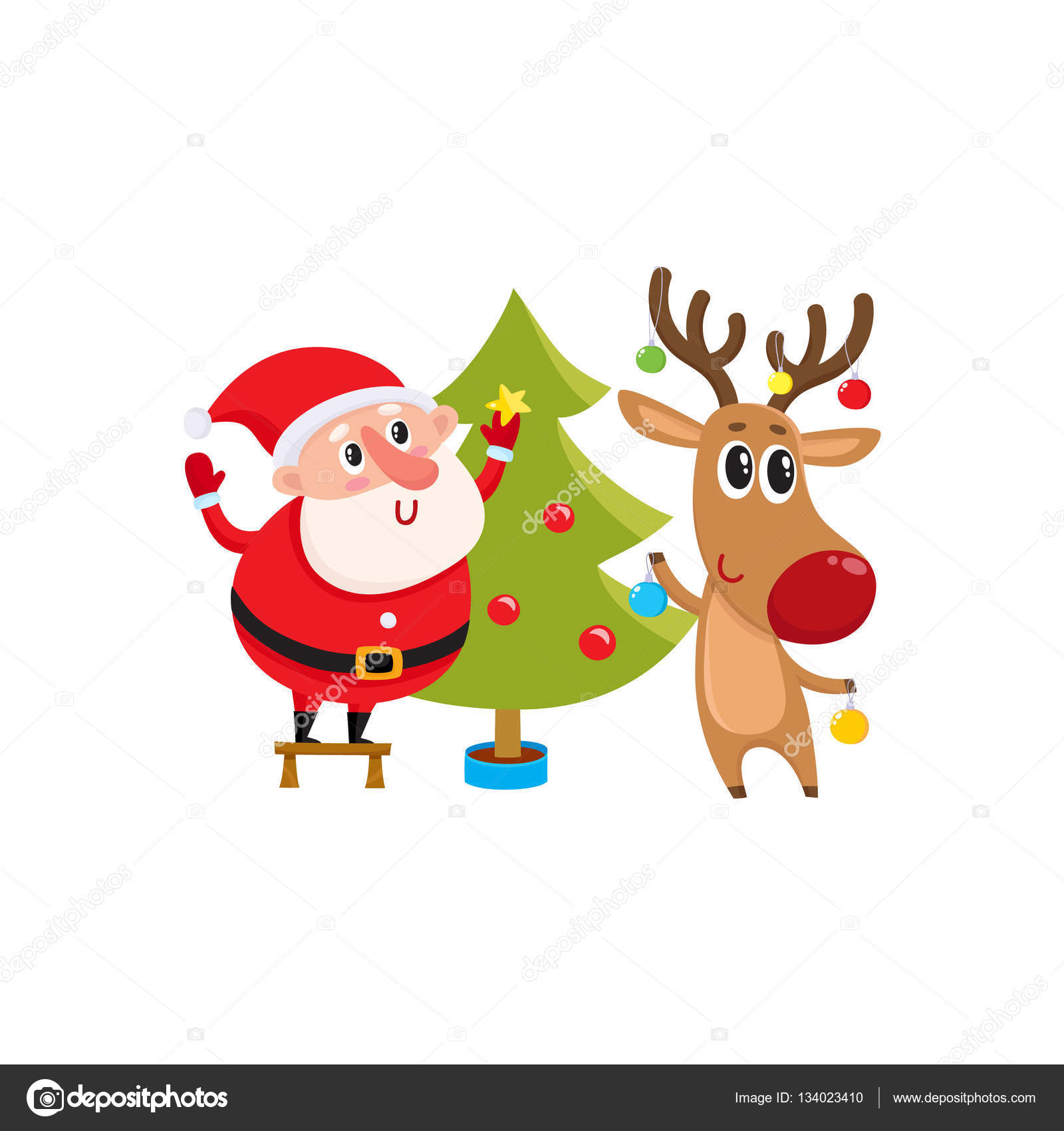 Funny Santa Claus and reindeer decorating Christmas tree Stock Vector ...