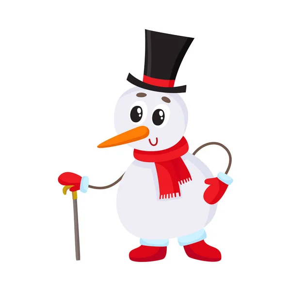 Netter und lustiger kleiner Schneemann mit Zylinderhut, der sich an einen Stock lehnt — Stockvektor