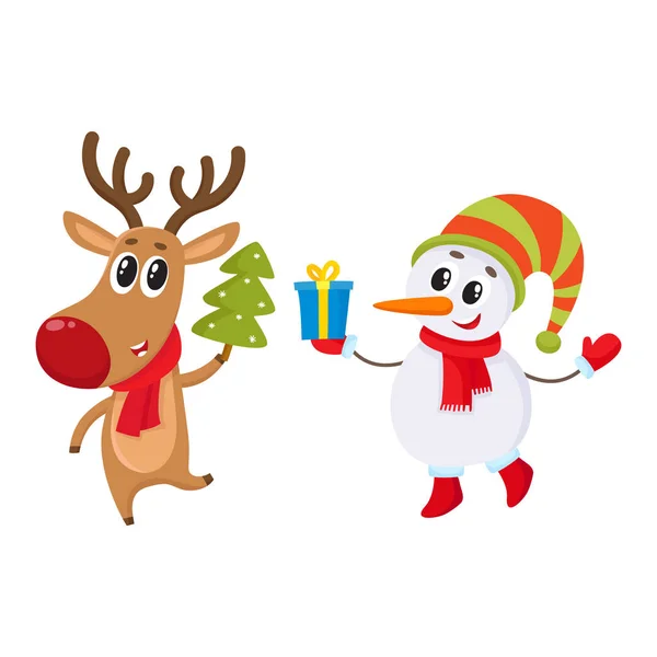 Dnowman en chapeau et mitaines avec renne de Noël en écharpe — Image vectorielle
