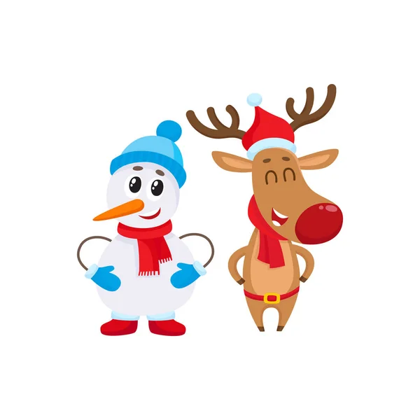 Dnowman in cappello e guanti con renna natalizia in sciarpa — Vettoriale Stock