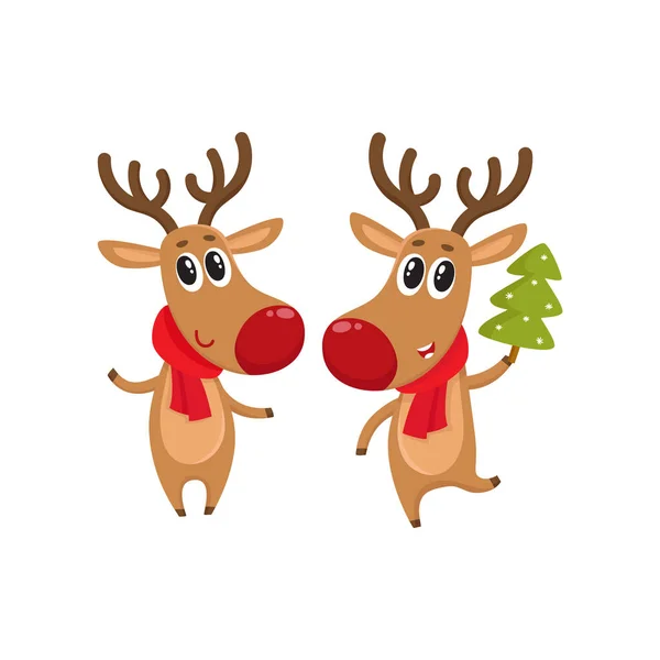 Christmas reindeer in red scarf, cartoon vector illustration — Stock Vector