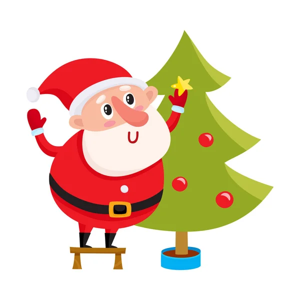Cute and funny Santa Claus decorating a Christmas tree — Stock Vector