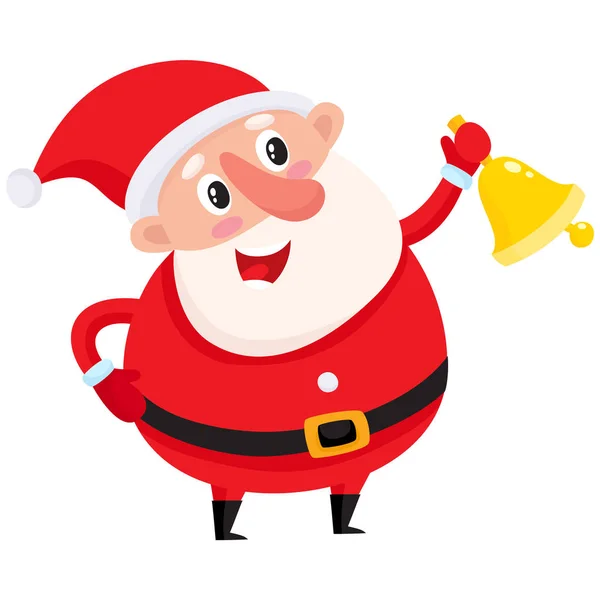 Cute and funny Santa Claus ringing golden Christmas bell — Stock Vector
