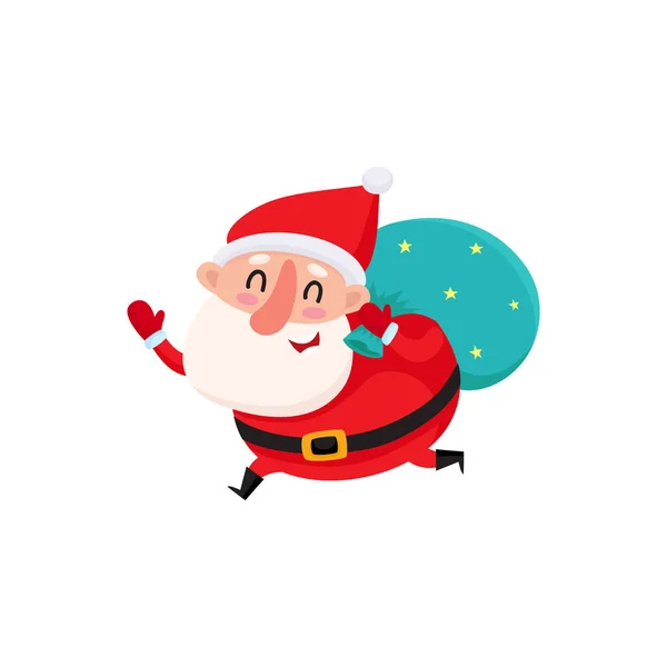 Смешной Санта Клаус бегает с мешком рождественских подарков — стоковый вектор