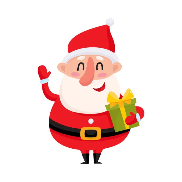 Funny Santa Claus holding Christmas gift and waving hand — Stock Vector