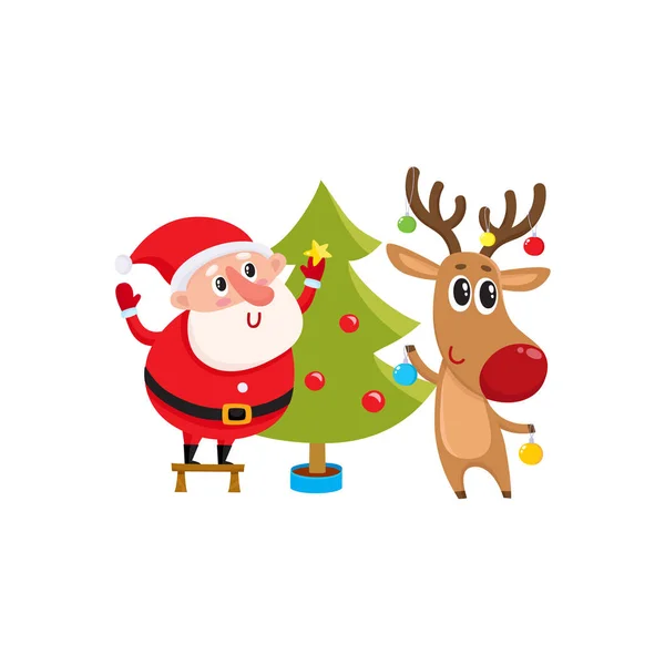 Funny Santa Claus y renos decorando el árbol de Navidad — Vector de stock