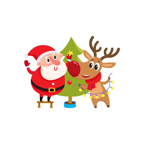 Funny Santa Claus y renos decorando el árbol de Navidad — Vector de stock