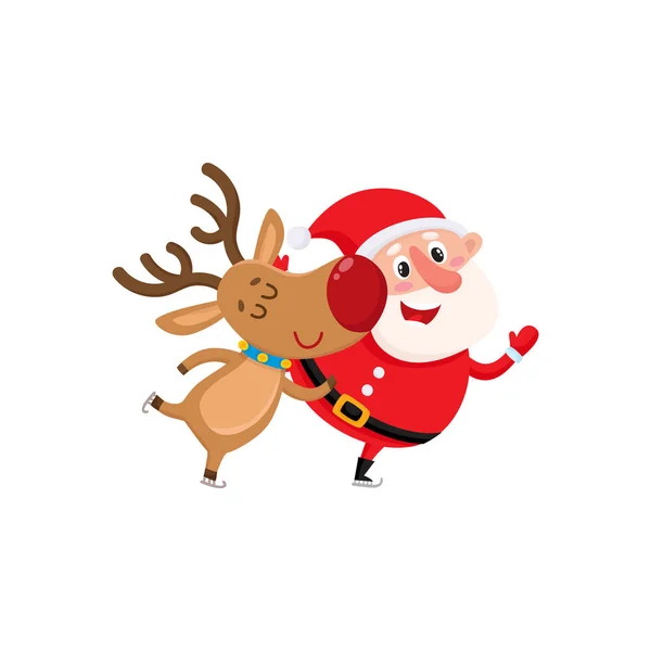 Funny Santa Claus y renos en bufanda roja de pie juntos — Vector de stock