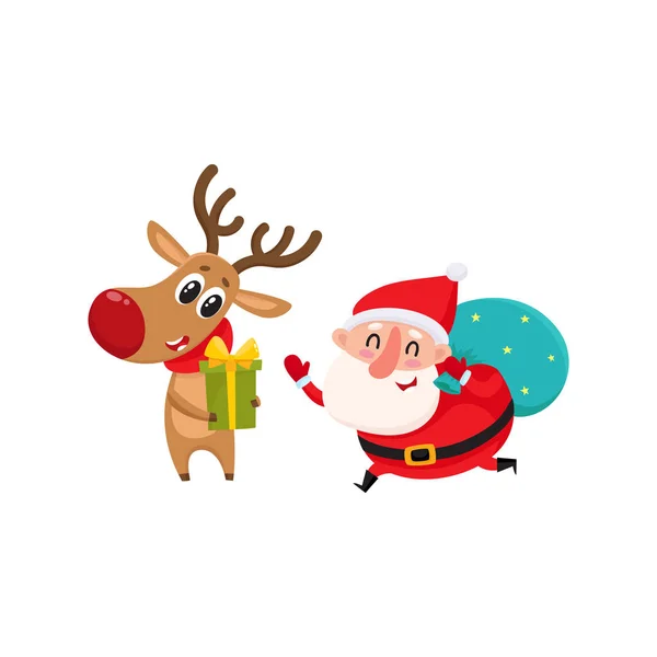 Babbo Natale divertente e renne in sciarpa rossa in piedi insieme — Vettoriale Stock