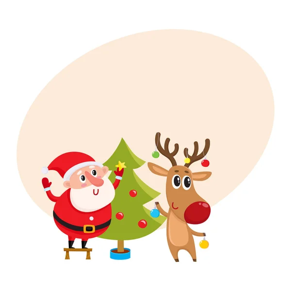 Смешной Санта-Клаус и северный олень украшают елку — стоковый вектор