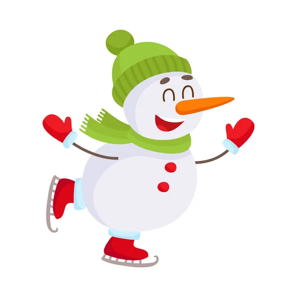 Милый и забавный маленький снеговик катается на коньках с удовольствием, векторная иллюстрация — стоковый вектор