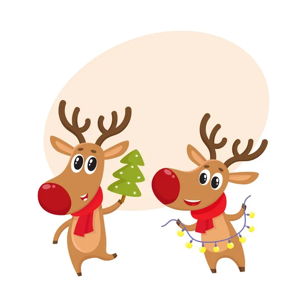 Weihnachten Rentiere in rotem Schal, Cartoon-Vektorillustration — Stockvektor
