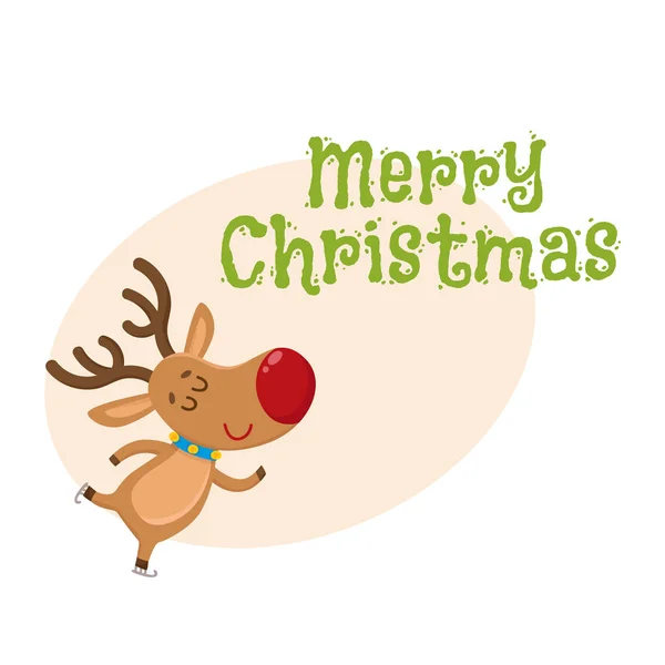 Mignon et drôle Noël renne patinage sur glace heureux — Image vectorielle