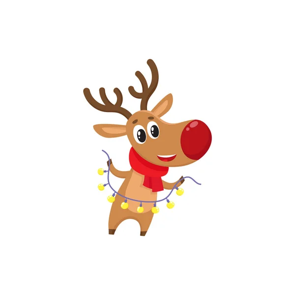 Funny Christmas reindeer in red scarf holding a garland — Stock Vector