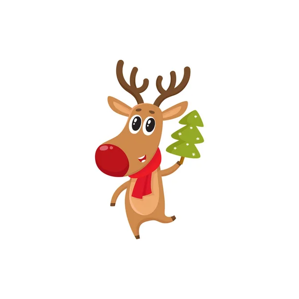 Funny reindeer in red scarf holding a Christmas tree — Stock Vector