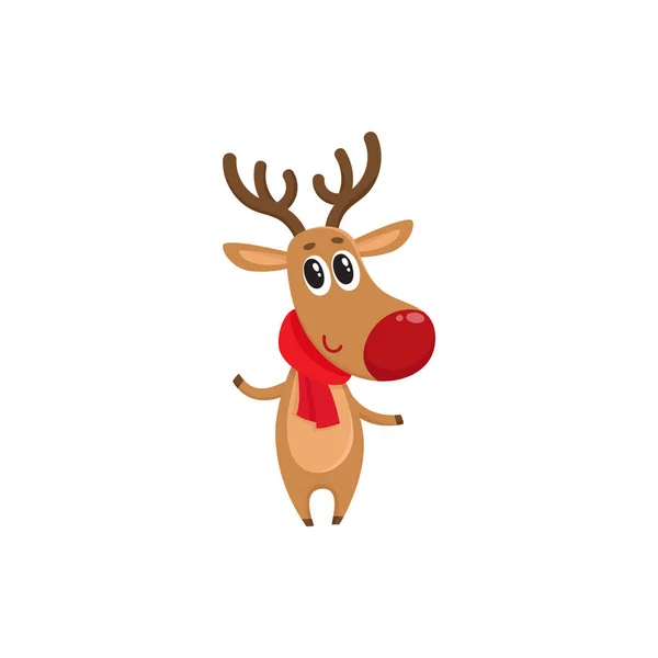 Christmas reindeer in red scarf, cartoon vector illustration — Stock Vector