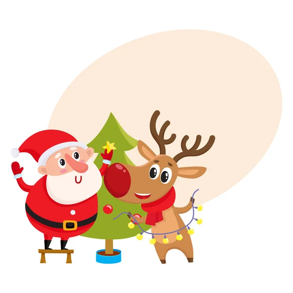Grappige kerstman en rendieren kerstboom versieren — Stockvector