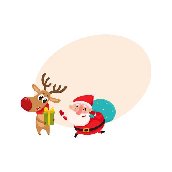 Funny Santa Claus and reindeer in red scarf standing together — Stock Vector