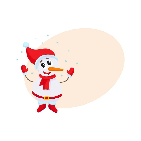 Cute and funny little snowman under falling snow, vector illustration — Stock Vector