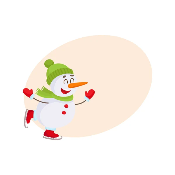 Carino e divertente piccolo pupazzo di neve pattinaggio sul ghiaccio felicemente, illustrazione vettoriale — Vettoriale Stock