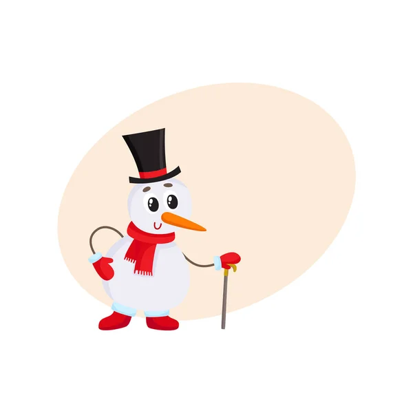 杖に寄りかかって円柱帽子かわいいと面白い小さな雪だるま — ストックベクタ