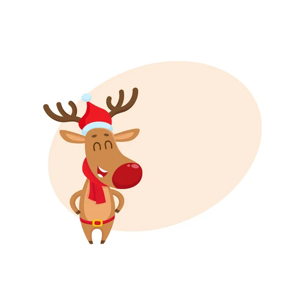 Cute, funny Christmas reindeer in red hat, scarf and belt — Stock Vector