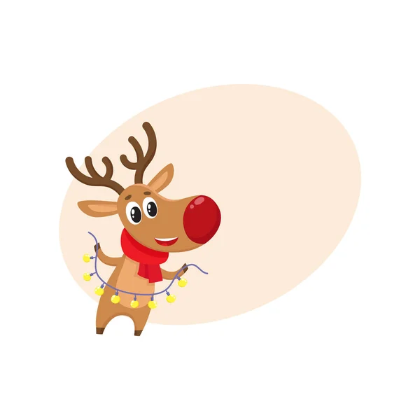 Funny Christmas reindeer in red scarf holding a garland — Stock Vector