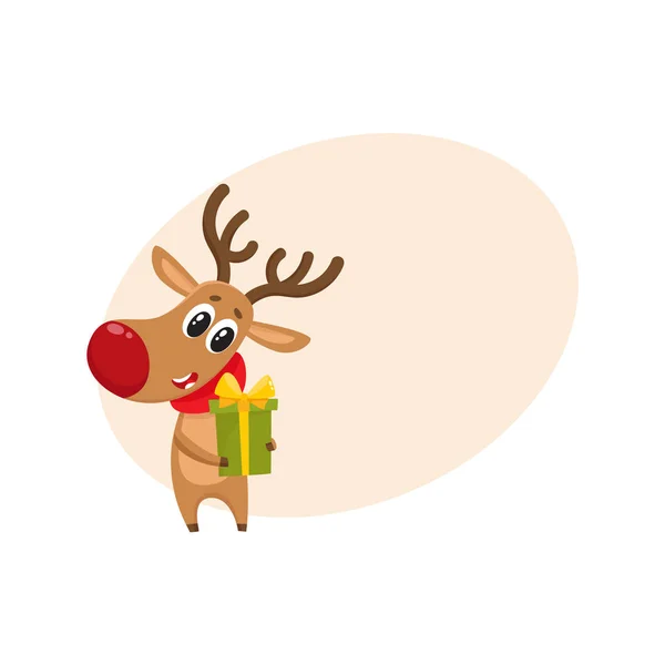 Funny Christmas reindeer in red scarf holding a gift, present — Stock Vector