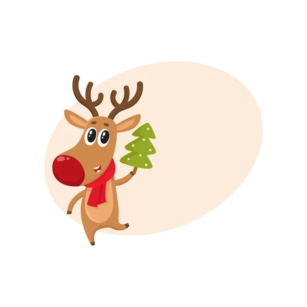 Rennes drôles en écharpe rouge tenant un arbre de Noël — Image vectorielle
