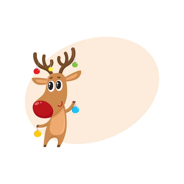 Funny reindeer holding balls for Christmas tree decoration — Stock Vector