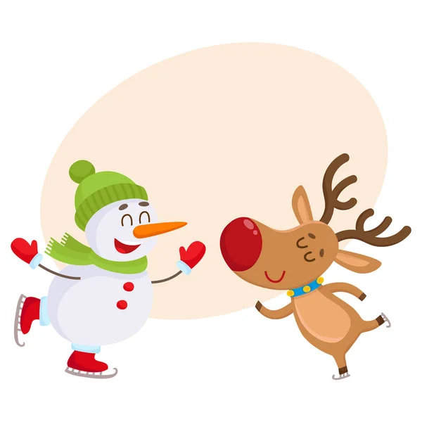 Dnowman en sombrero y manoplas con renos de Navidad en bufanda — Vector de stock