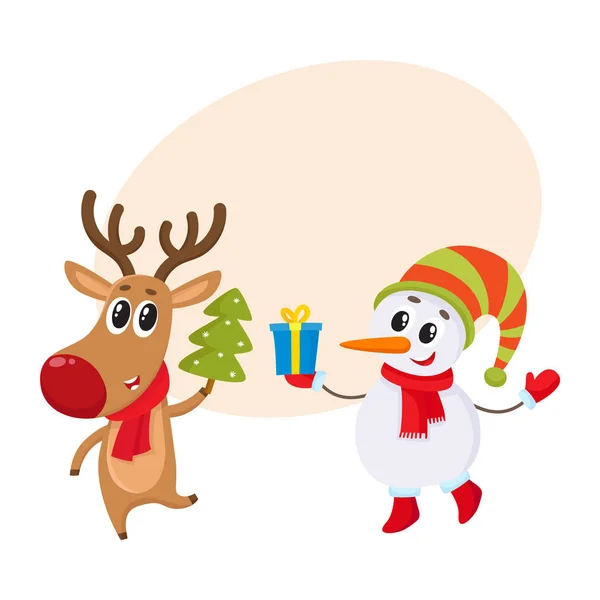 Dnowman in hat and mittens with Christmas reindeer in scarf — Stock Vector