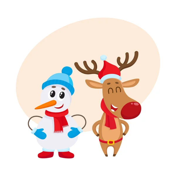 Dnowman in hat and mittens with Christmas reindeer in scarf — Stock Vector