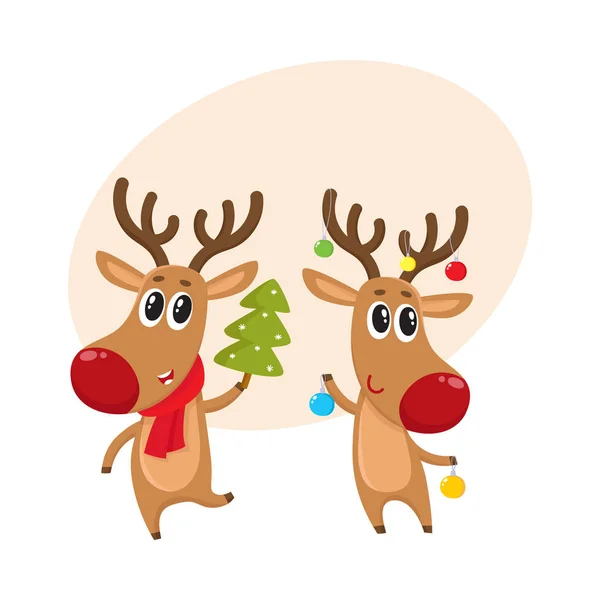 Christmas reindeer in red scarf, cartoon vector illustration — Stock Vector