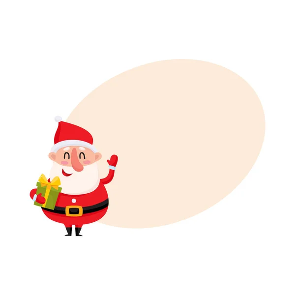 Zábavné Santa Claus drží vánoční dárek a mávat rukou — Stockový vektor