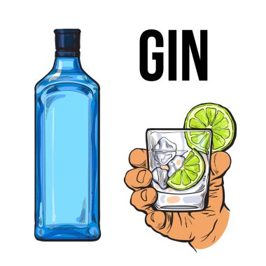 Blue gin bottle, hand holding glass with ice and lime clipart
