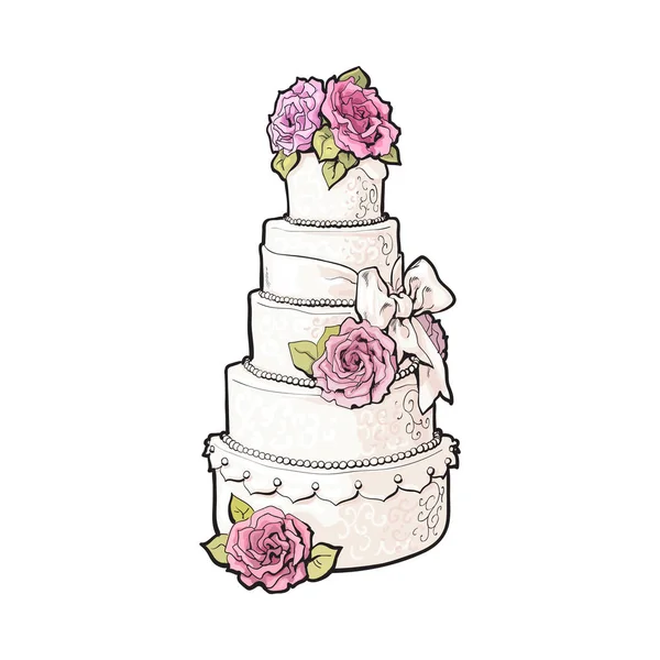 Παραδοσιακό λευκό κλιμακωτή τούρτα γάμου διακοσμημένη με ροζ τριαντάφυλλα αμυγδαλόπαστα — Διανυσματικό Αρχείο