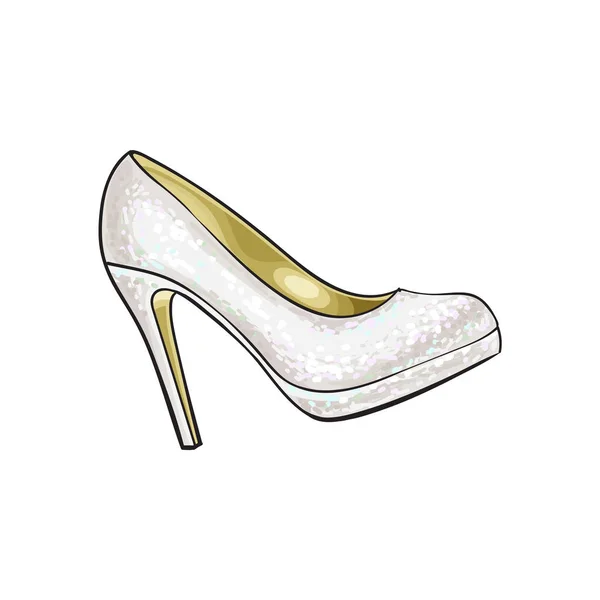 High heeled, glittering, elegant white colored wedding shoe — Stock Vector