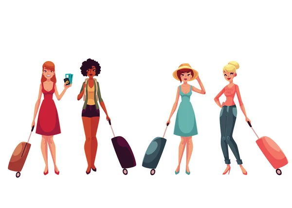 年轻的时尚女性，带着行李、 手提箱旅行的女孩 — 图库矢量图片