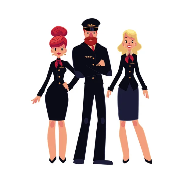 Pilotem i dwie stewardessy, stewardessa w czarny mundur — Wektor stockowy