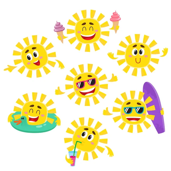 Set de personajes del sol con helado, bebida, tabla de surf, gafas de sol — Vector de stock