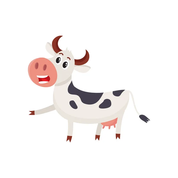 Divertido personaje de vaca manchada en blanco y negro apuntando a algo — Vector de stock