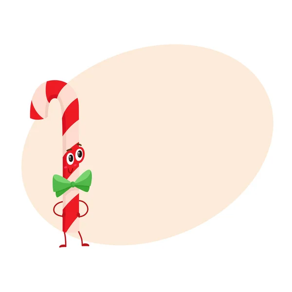 Canne à bonbons de Noël avec arc vert personnage souriant drôle — Image vectorielle