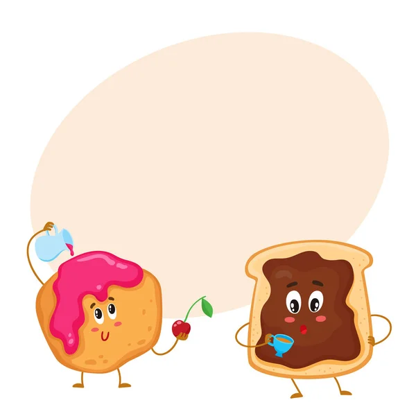 Vicces pirítós karakterekkel csokoládé terjedése és a fánk, reggeli péksütemény — Stock Vector