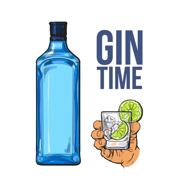 Bouteille de gin bleu, verre à main avec glace et citron vert — Image vectorielle
