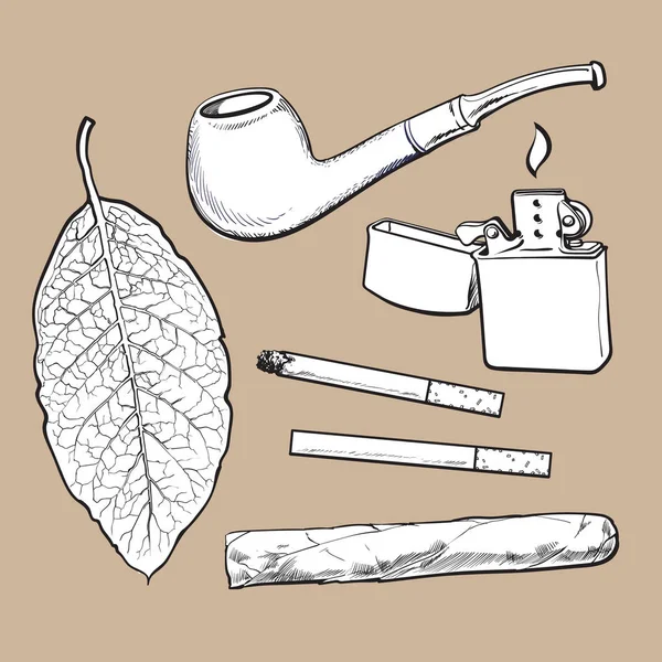 Skica styl kouření potrubí, zapalovače, doutník, cigaret a tabákových listů — Stockový vektor