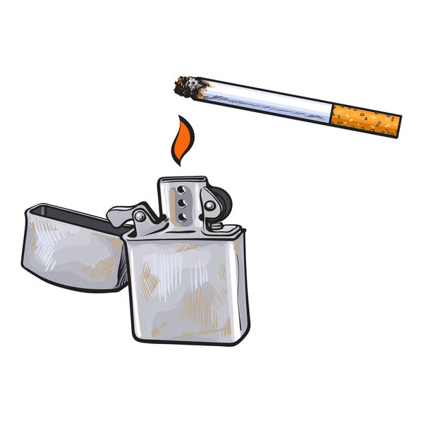 Silver metal lighter and burning cigarette, sketch vector illustration